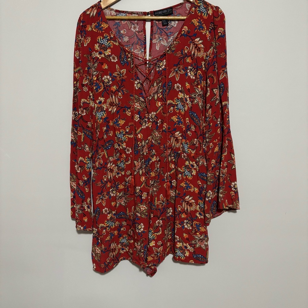Forever 21 Orange Floral Long Bell Sleeve Boho Romper | Womens Sz 1X